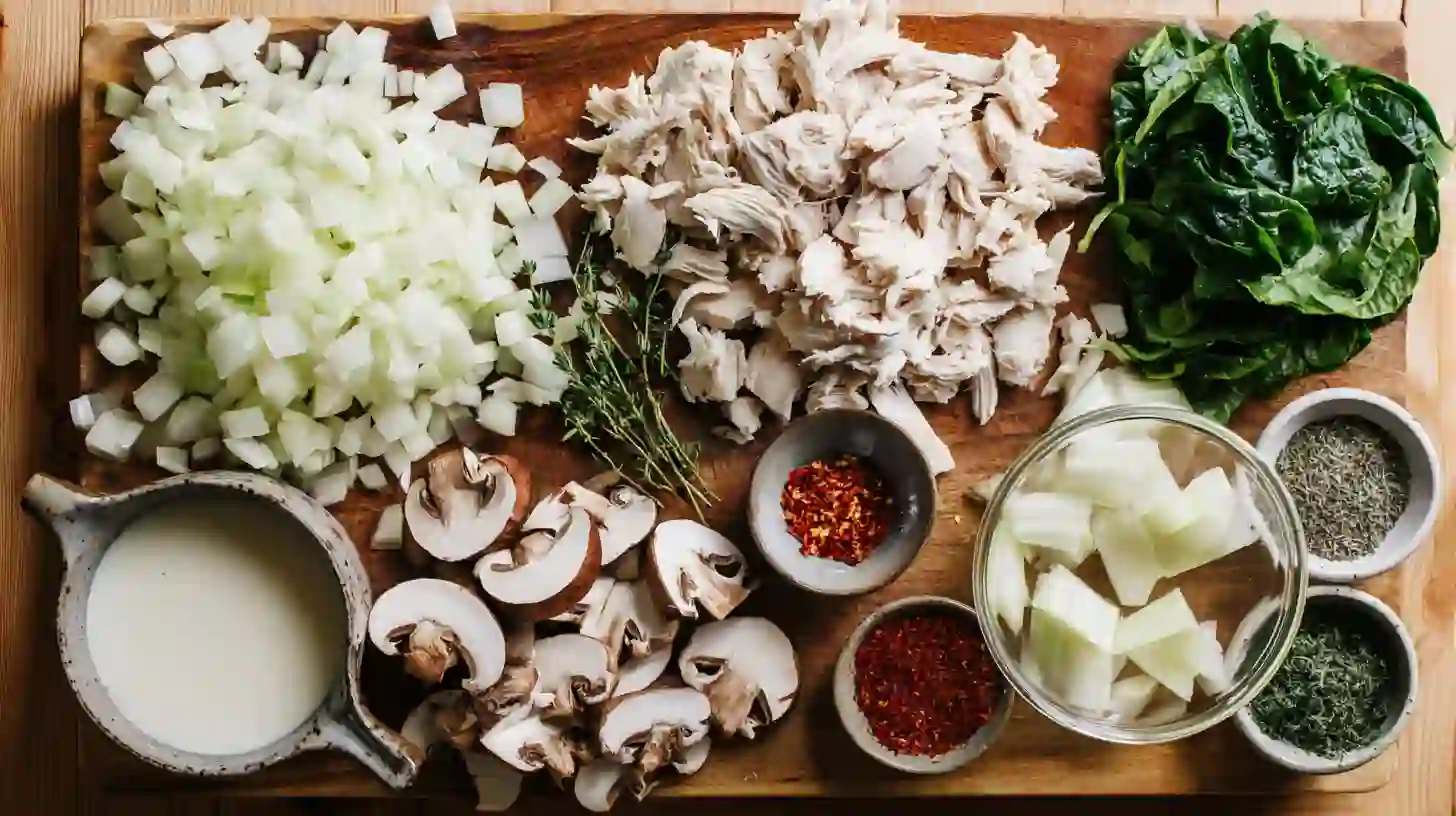 cozy-rotisserie-chicken-mushroom-soup-ingredients-Image Ingredients for Cozy Rotisserie Chicken Mushroom Soup – easy chicken soup with mushrooms, spinach, and rotisserie chicken.