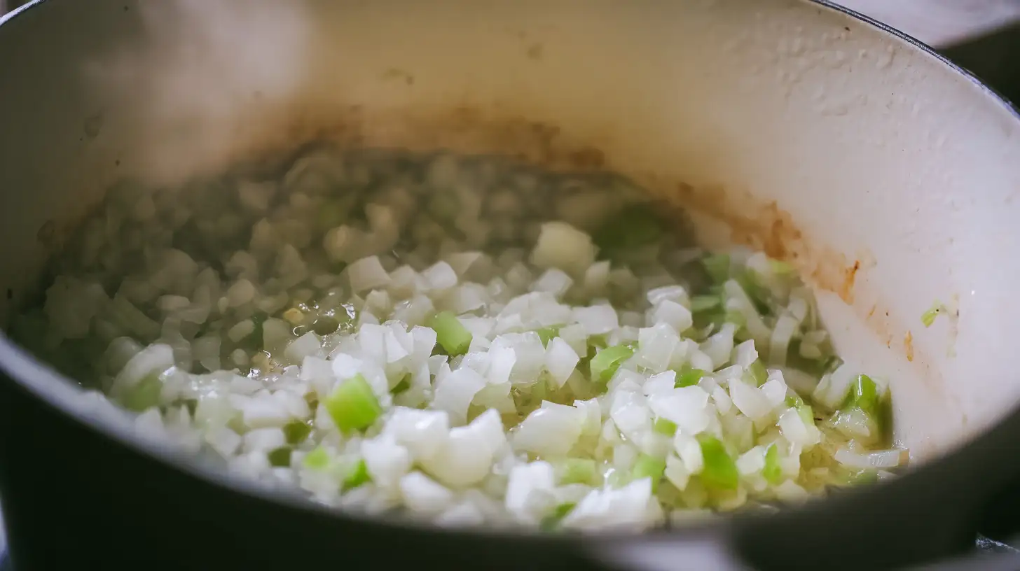 cozy-rotisserie-chicken-mushroom-soup-step1-base Step 1 – onions and celery sautéing in butter for Cozy Rotisserie Chicken Mushroom Soup, healthy chicken soup recipes.