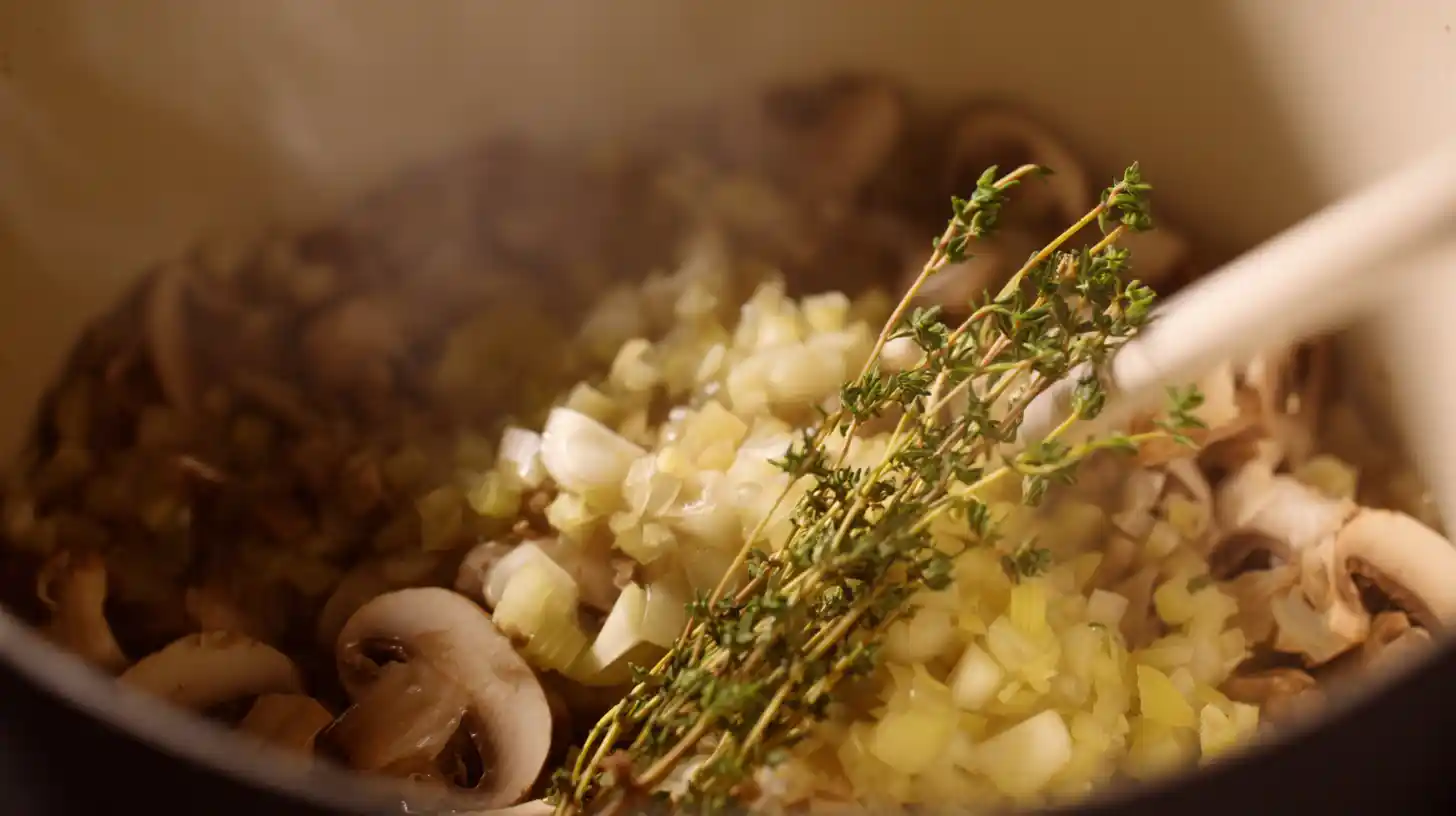 cozy-rotisserie-chicken-mushroom-soup-step3-garlic-thyme Step 3 – garlic and thyme added to golden mushrooms for Cozy Rotisserie Chicken Mushroom Soup, healthy chicken soup recipes, best rotisserie chicken recipes.