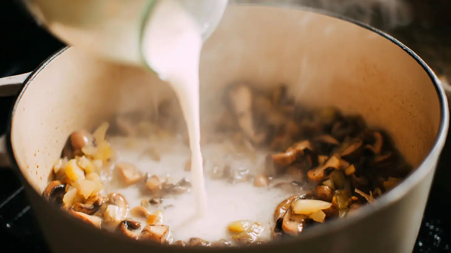 cozy-rotisserie-chicken-mushroom-soup-step4-cream Step 4 – stock and cream added for Cozy Rotisserie Chicken Mushroom Soup, creamy chicken mushroom soup recipe, comfort food recipes for winter.