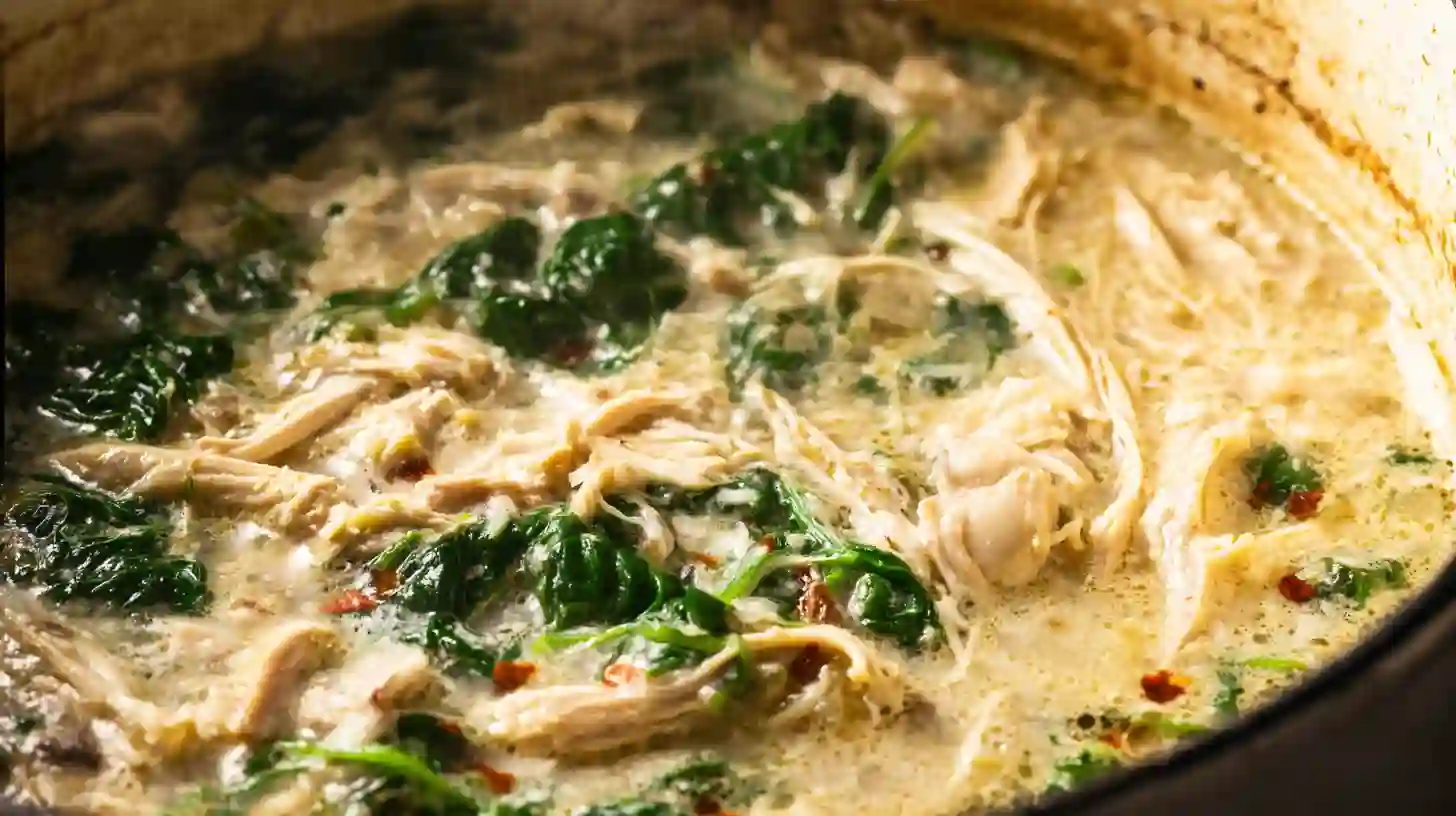 cozy-rotisserie-chicken-mushroom-soup-step5-chicken-spinach Step 5 – chicken, spinach, and chili flakes simmering in Cozy Rotisserie Chicken Mushroom Soup, quick healthy chicken soup, high-protein comfort foods.