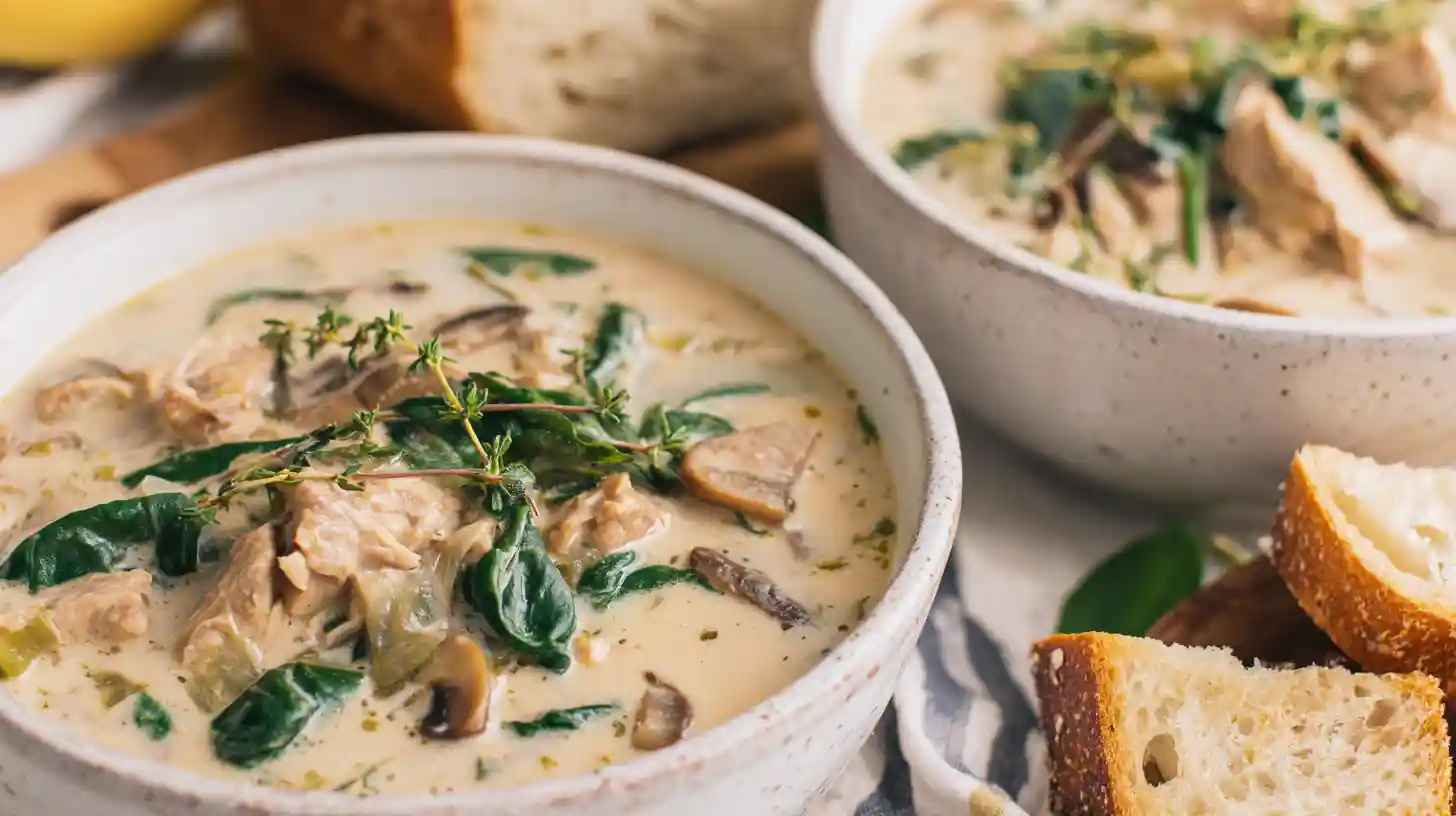 cozy-rotisserie-chicken-mushroom-soup-step6-serve Step 6 – Cozy Rotisserie Chicken Mushroom Soup served warm with bread, comfort food chicken soups, best rotisserie chicken recipes.