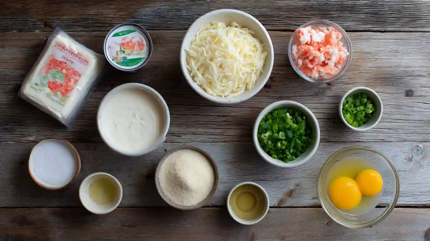 crab-rangoon-bombs-ingredients-Image Ingredients for Crab Rangoon Bombs including cream cheese, crab, mozzarella, green onions, and panko breadcrumbs, easy seafood appetizer recipes