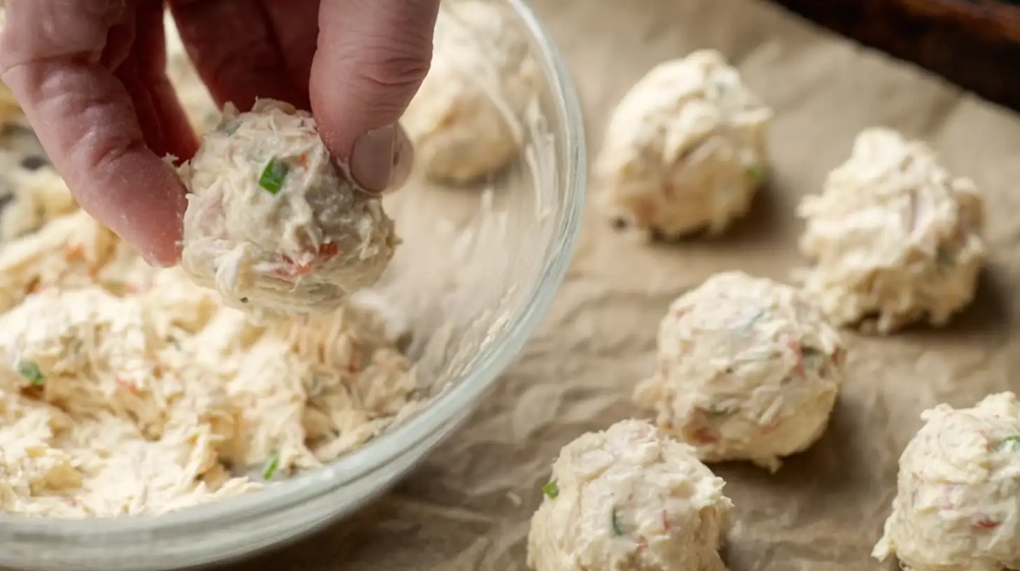 crab-rangoon-bombs-step2-shape. Shaping Crab Rangoon Bombs into small balls, crispy fried appetizer recipes and quick and cheap party snacks