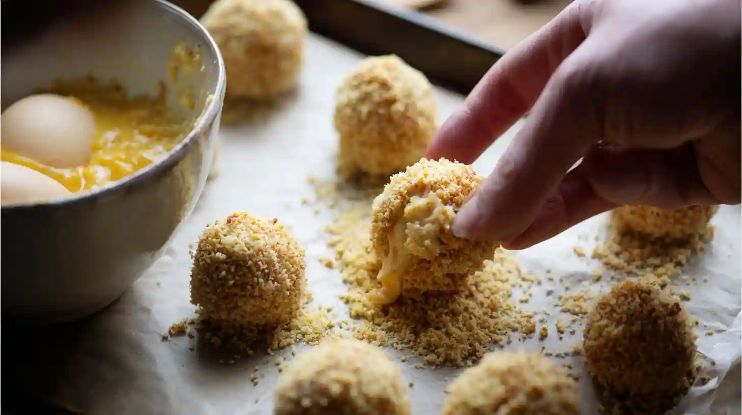 crab-rangoon-bombs-step3-coat Coating Crab Rangoon Bombs in egg and panko for crispy fried appetizer recipes and quick and cheap party snacks