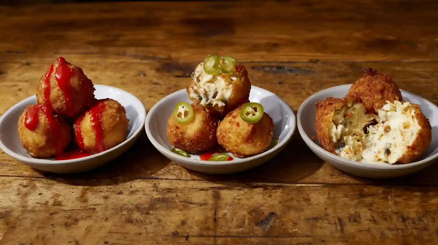 crab-rangoon-bombs-variations Variations of Crab Rangoon Bombs including spicy, vegetarian, and classic crab with cream cheese, crispy fried appetizer recipes and quick and cheap party snacks