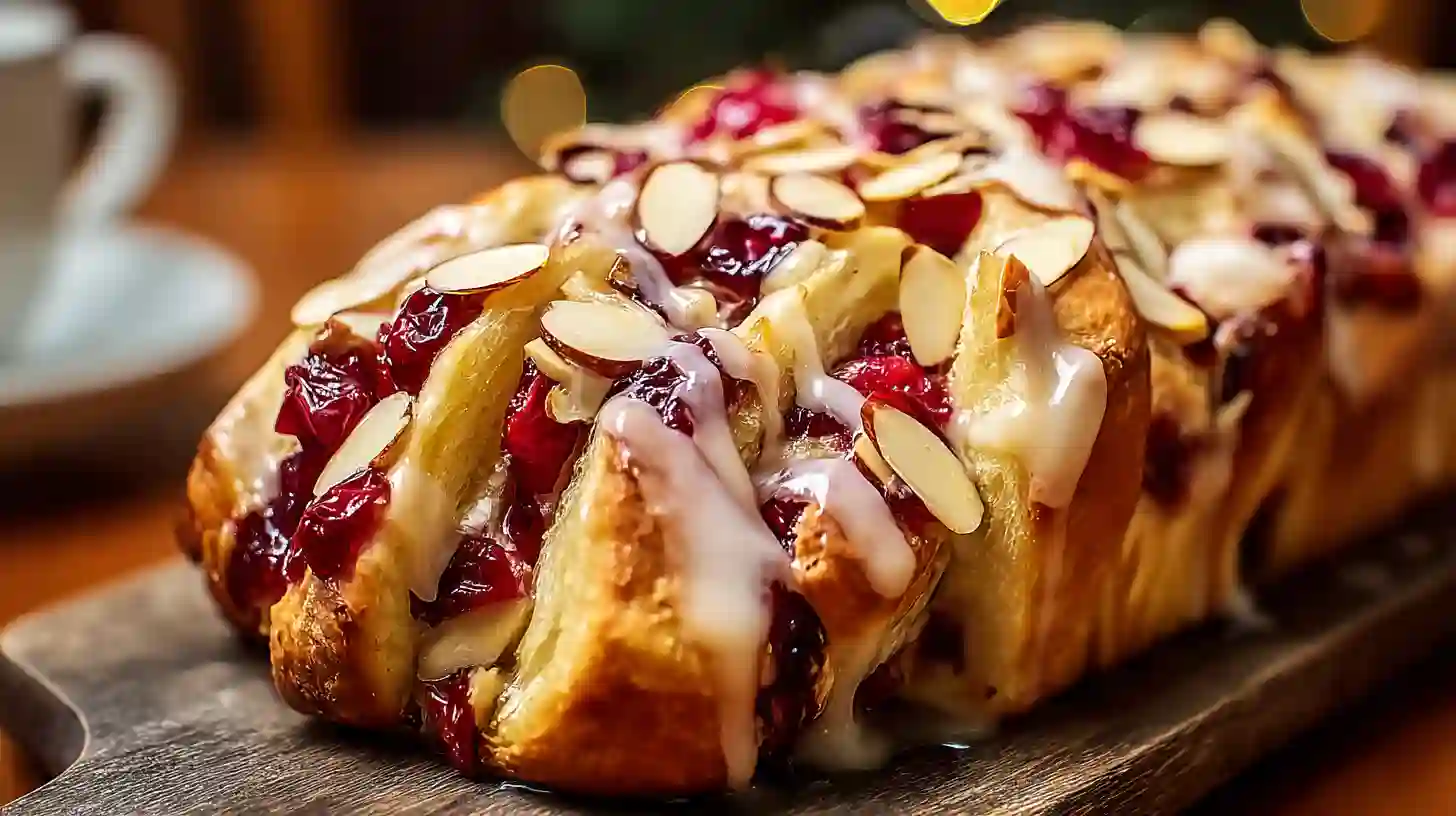 cranberry-almond-pull-apart-bread-step9-glaze-serve Glazing Cranberry-Almond Pull-Apart Bread recipe | glazed cranberry almond bread holiday breakfast ideas