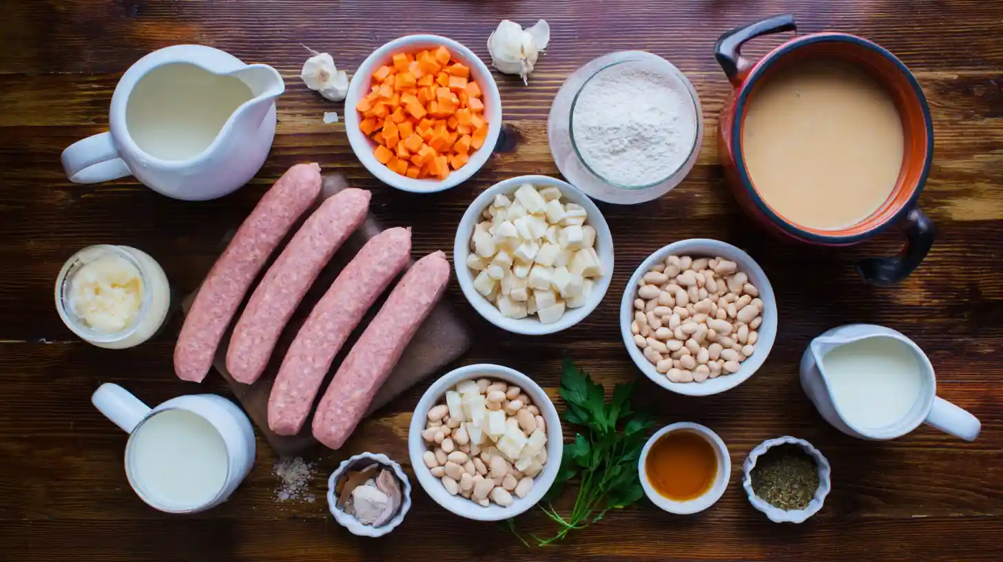 Ingredients for creamy bean soup with kielbasa | freezer-friendly soup recipes and high-protein meal ideas