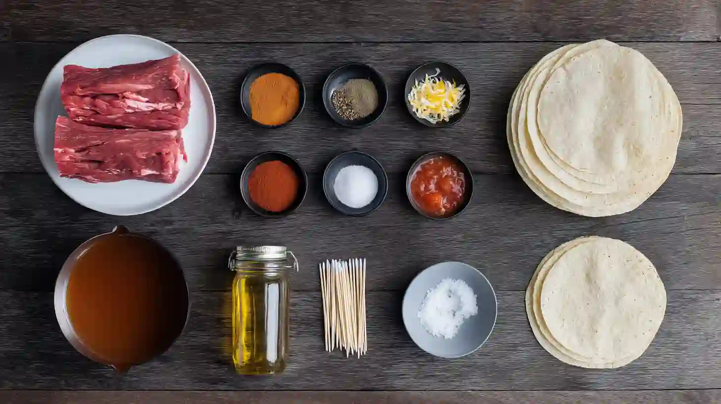 crispy-beef-taquitos-with-melted-cheese-ingredients-Image Ingredients for Crispy Beef Taquitos with Melted Cheese – beef chuck roast, corn tortillas, salsa, spices, oil