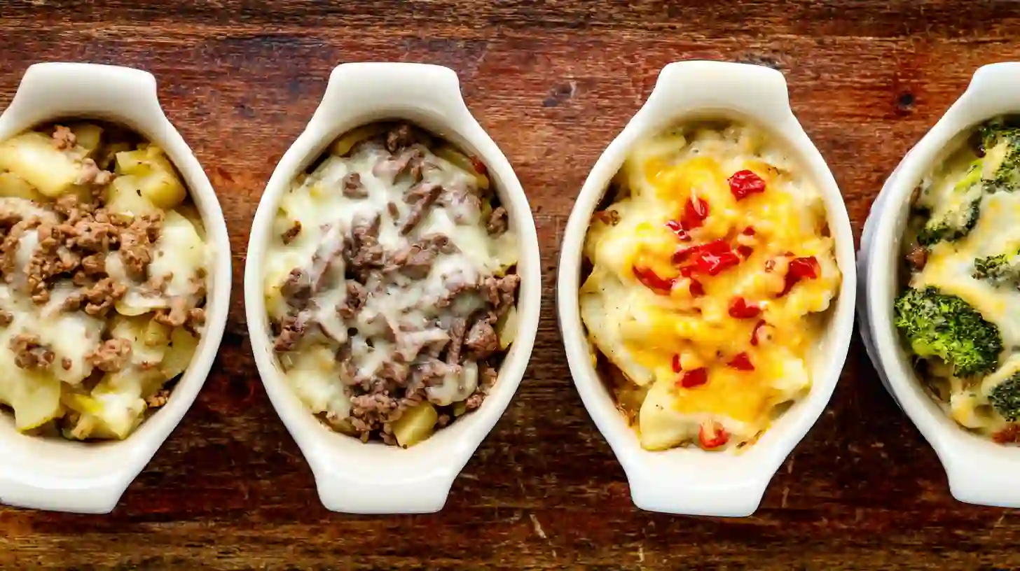 crockpot-cheesesteak-casserole-variations Four variations of Perfect Crockpot Cheesesteak Potato Casserole including classic, authentic steak, spicy pepper jack, and healthy light versions, easy casserole recipes for families and budget-friendly crockpot meals