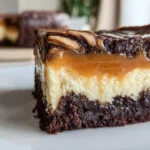 Decadent Caramel Brownie Cheesecake luxury dessert recipe with brownie crust and caramel drizzle
