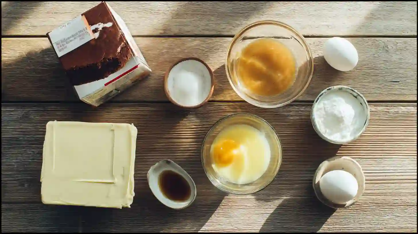 decadent-caramel-brownie-cheesecake-Ingredient-Image Decadent Caramel Brownie Cheesecake ingredients with brownie mix, caramel sauce, and cream cheese