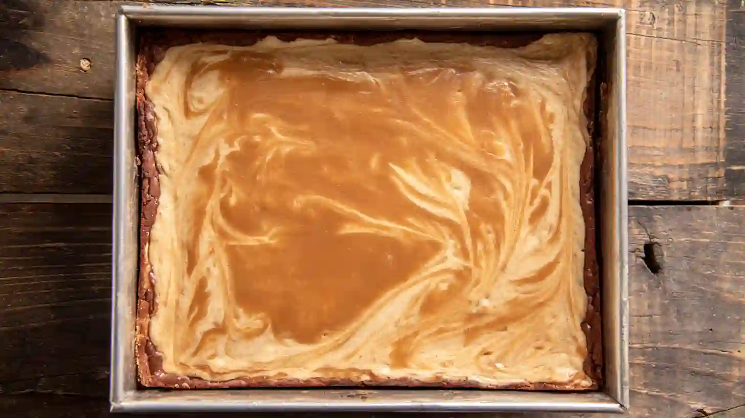 decadent-caramel-brownie-cheesecake-cool-serve Decadent Caramel Brownie Cheesecake cooling before slicing luxury dessert recipe caramel brownie cheesecake bars