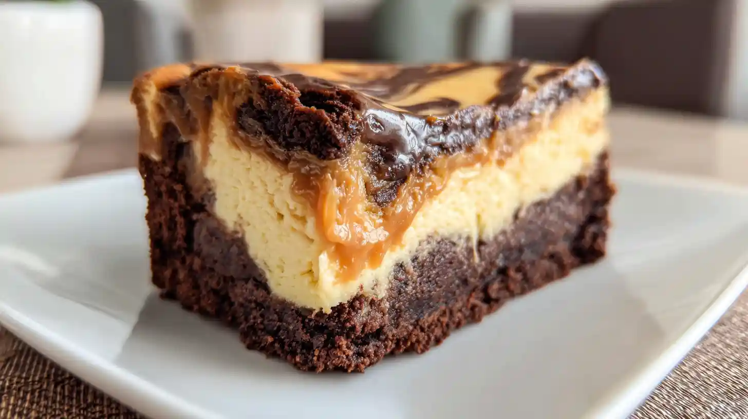 decadent-caramel-brownie-cheesecake-final-slice Decadent Caramel Brownie Cheesecake slice with caramel drizzle luxury dessert recipe easy cheesecake for parties