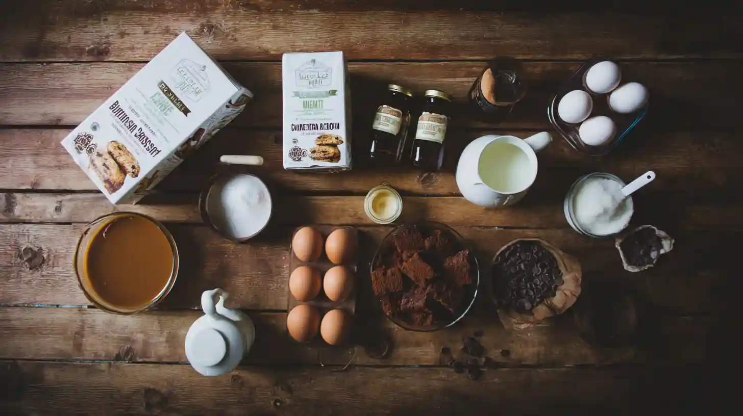 Ingredients for decadent caramel brownie cheesecake – brownie mix, cream cheese, caramel sauce, and chocolate chips for gourmet cheesecake recipes