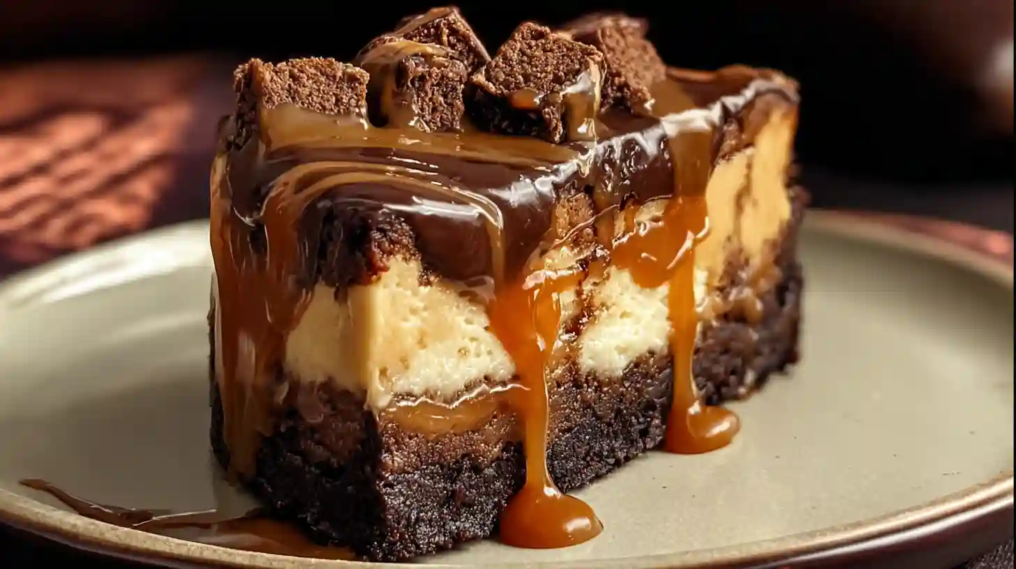 Decadent caramel brownie cheesecake recipe with brownie crust and caramel drizzle – gourmet cheesecake recipes and luxury chocolate desserts