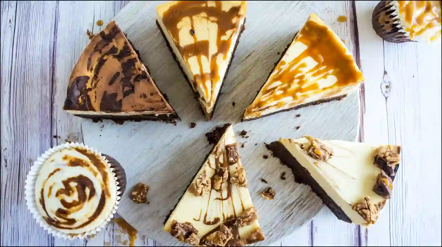 decadent-caramel-brownie-cheesecake-variations Variations of Decadent Caramel Brownie Cheesecake including salted caramel, boozy caramel, white chocolate swirl, mini cheesecakes luxury dessert recipes