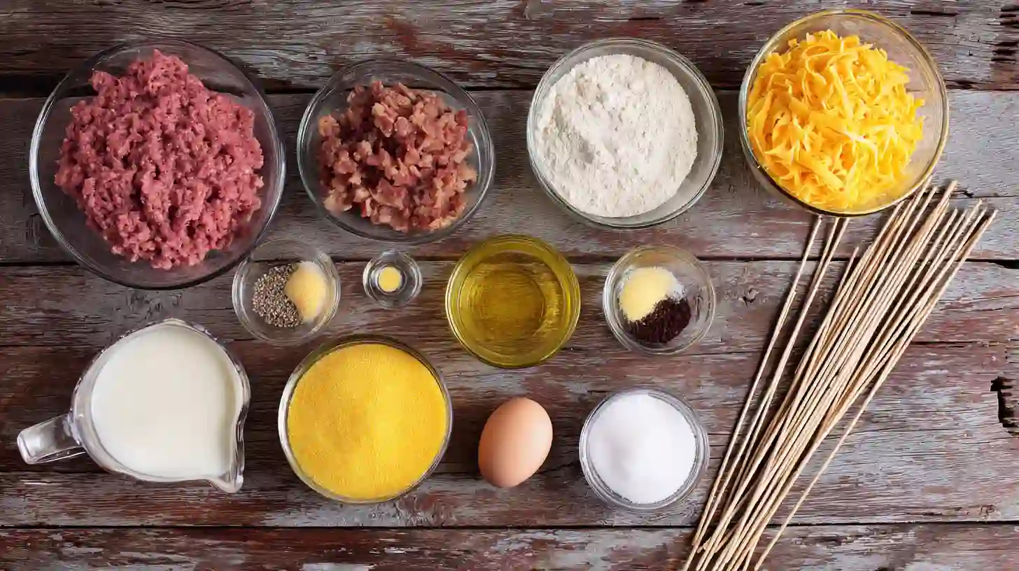 deep-fried-turkey-bacon-cheeseburger-corn-dogs-Ingredient-Image Full ingredient list for Deep-Fried Turkey Bacon Cheeseburger Corn Dogs including ground beef, turkey bacon, cheddar cheese, cornmeal, flour, and buttermilk — high-protein fried comfort food.