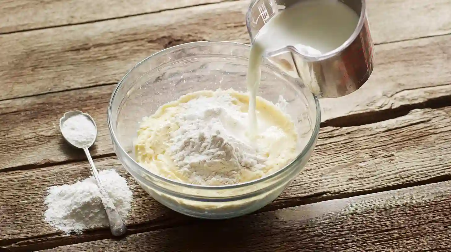 easy-apple-pie-bread-step-3-add-dry-mix Easy Apple Pie Bread Recipe step 3 – blending flour, baking powder, and milk for homemade holiday baking ideas and easy fall dessert recipes