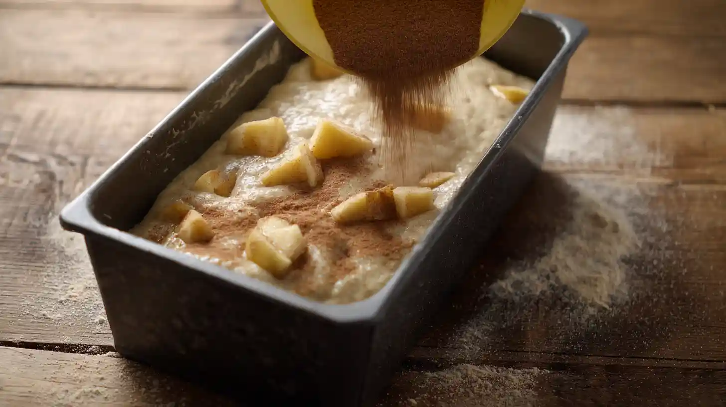 easy-apple-pie-bread-step-4-build-layers Easy Apple Pie Bread Recipe step 4 – layering batter, apples, and cinnamon sugar for moist apple bread and easy fall dessert recipes