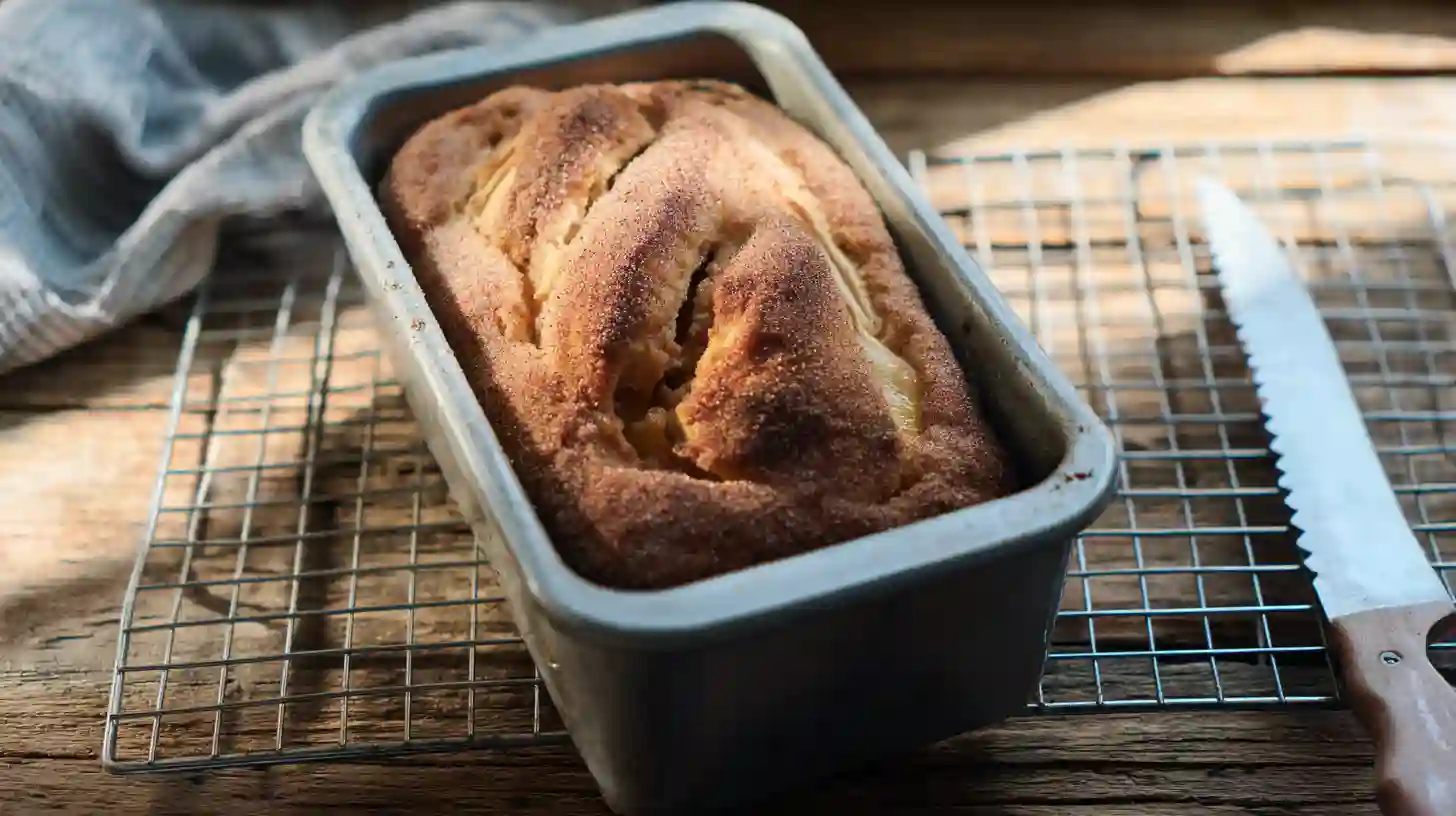 easy-apple-pie-bread-step-5-bake-cool Easy Apple Pie Bread Recipe step 5 – baked golden loaf cooling before slicing, perfect for homemade holiday baking ideas and easy fall dessert recipes