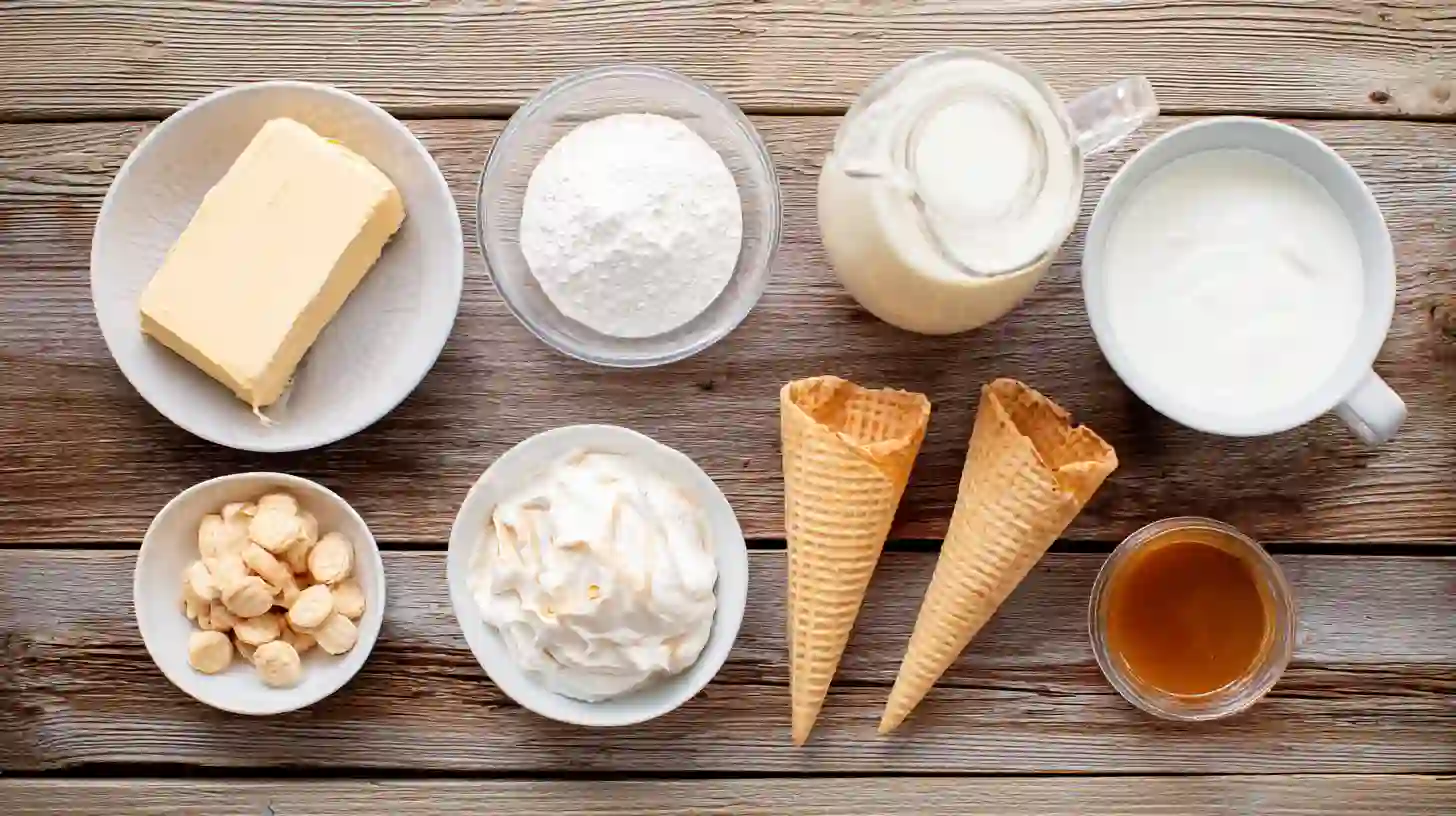 easy-banana-pudding-cheesecake-cones-Recipe-ingredients-Image Ingredients for Easy Banana Pudding Cheesecake Cones Recipe with cream cheese, pudding mix, waffle cones, and vanilla wafers, family-friendly dessert recipes with cream cheese