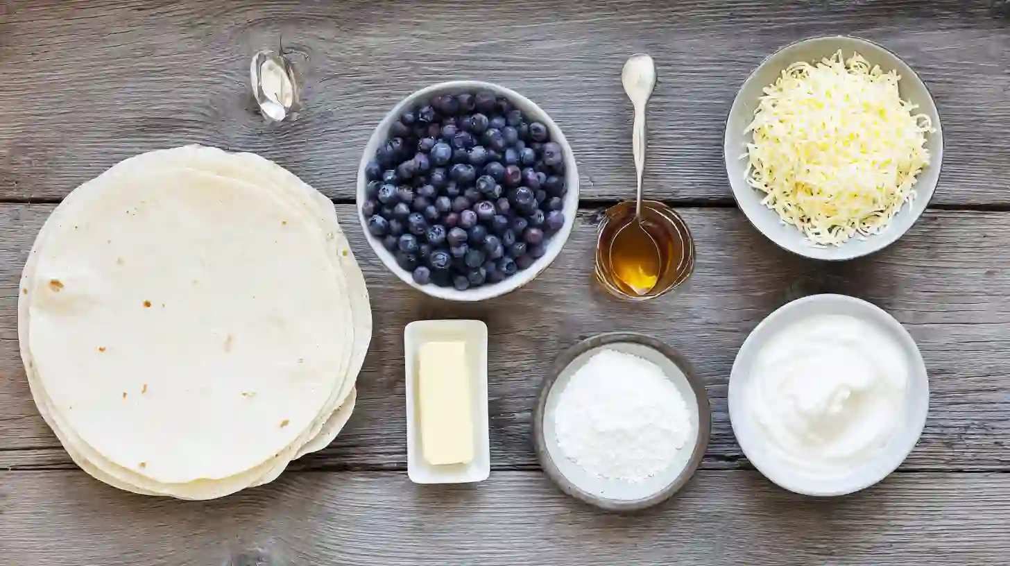 easy-blueberry-breakfast-quesadillas-Perfect-Dessert-ingredients-Image Ingredients for easy blueberry breakfast quesadillas perfect dessert with tortilla, blueberries, cream cheese, and honey