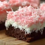 Easy Pink Coconut Snowball Cake Bars with chocolate base, cream layer, and pink coconut topping, easy holiday desserts and quick family dessert ideas