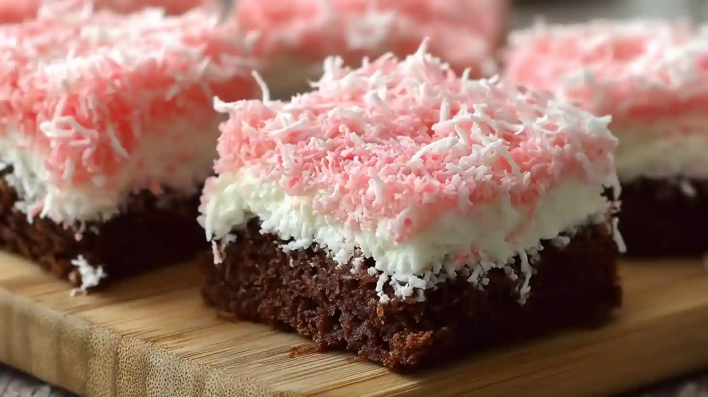 Easy Pink Coconut Snowball Cake Bars with chocolate base, cream layer, and pink coconut topping, easy holiday desserts and quick family dessert ideas