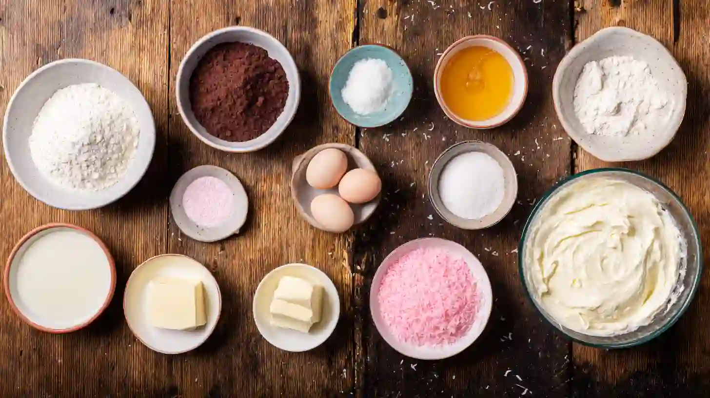 easy-pink-coconut-snowball-cake-bars-ingredients-Image Ingredients for Easy Pink Coconut Snowball Cake Bars including flour, cocoa, cream, and pink coconut, easy chocolate coconut bar recipe and best coconut desserts for holidays