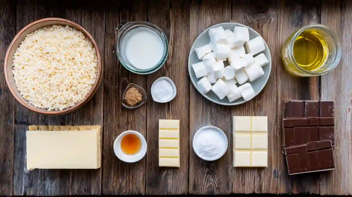 Ingredients for Easy Rice Krispie Millionaires Bars Recipe – rice krispies, marshmallows, caramel, chocolate layers