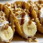 Caramel Banana Nuts Tacos dessert with bananas, whipped cream, caramel drizzle, and nuts – quick and easy dessert recipes with bananas