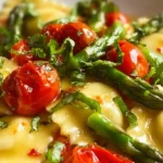 Ravioli with tomatoes, asparagus, garlic, and herbs – easy Italian dinner recipe and quick ravioli recipes for families