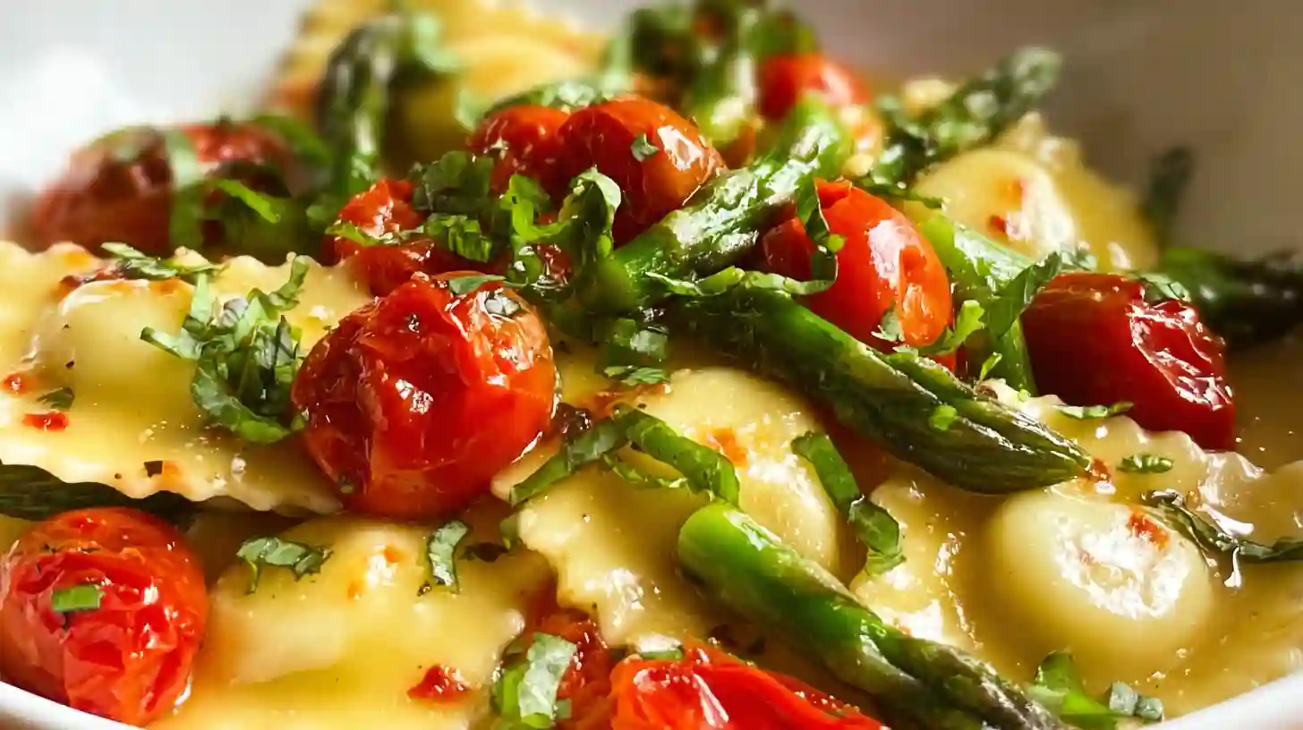 Ravioli with tomatoes, asparagus, garlic, and herbs – easy Italian dinner recipe and quick ravioli recipes for families