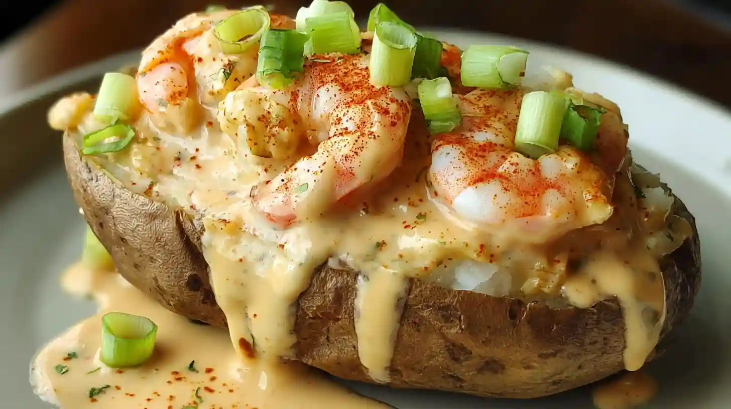 Seafood Loaded Baked Potato with shrimp, crawfish, and creamy 3-cheese sauce, easy dinner recipes for families