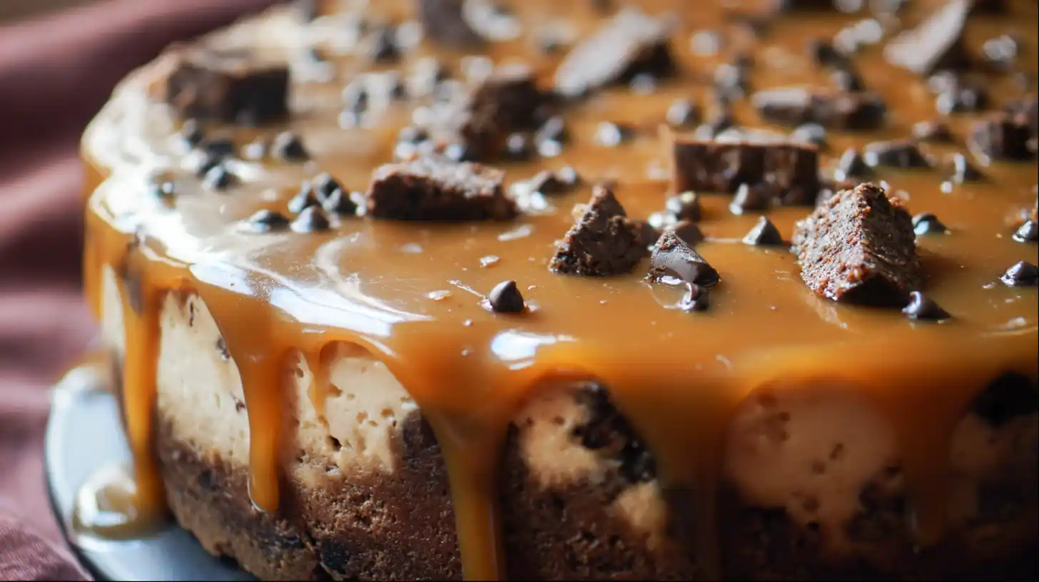 Finished decadent caramel brownie cheesecake with caramel drizzle, chocolate chips, and brownie chunks – luxury chocolate desserts and gourmet cheesecake recipes
