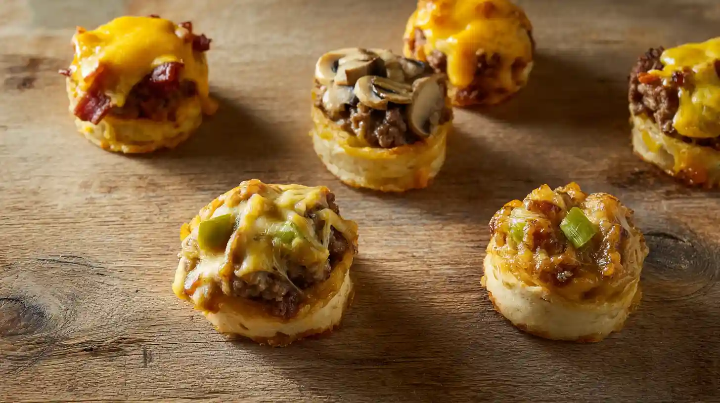 flavor-variations-cheeseburger-rollups Five variations of Perfect Garlic Butter Cheeseburger Rollups including bacon cheddar, jalapeño pepper jack, double cheese, vegetarian mushroom onion, and air fryer minis, game day appetizer recipes and cheesy ground beef rollups