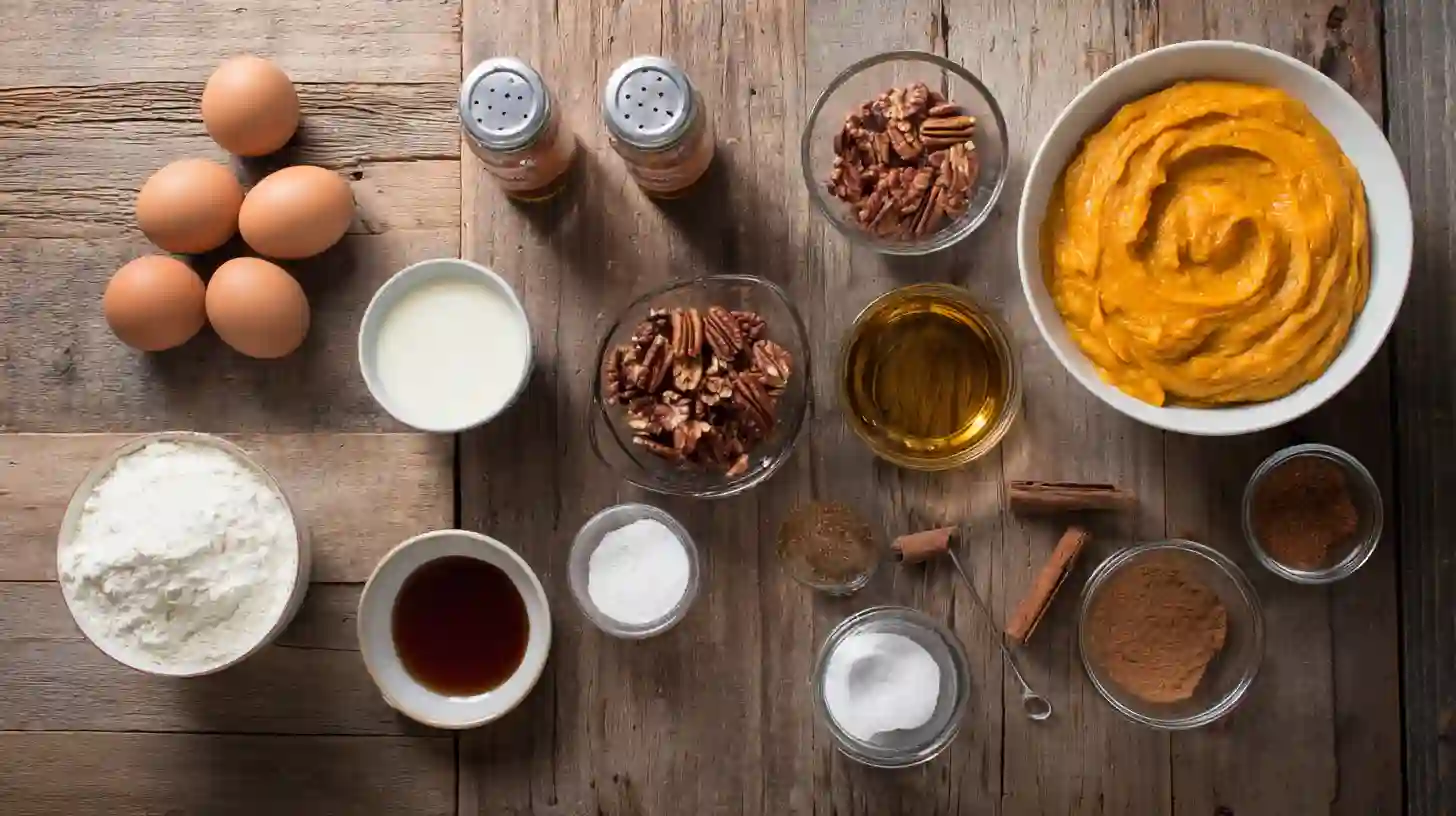 flourless-maple-pecan-pumpkin-yogurt-cake-ingredients Ingredients for Flourless Maple Pecan Pumpkin Yogurt Cake including pumpkin puree, Greek yogurt, maple syrup, and pecans, healthy pumpkin dessert recipes and easy flourless cake recipe