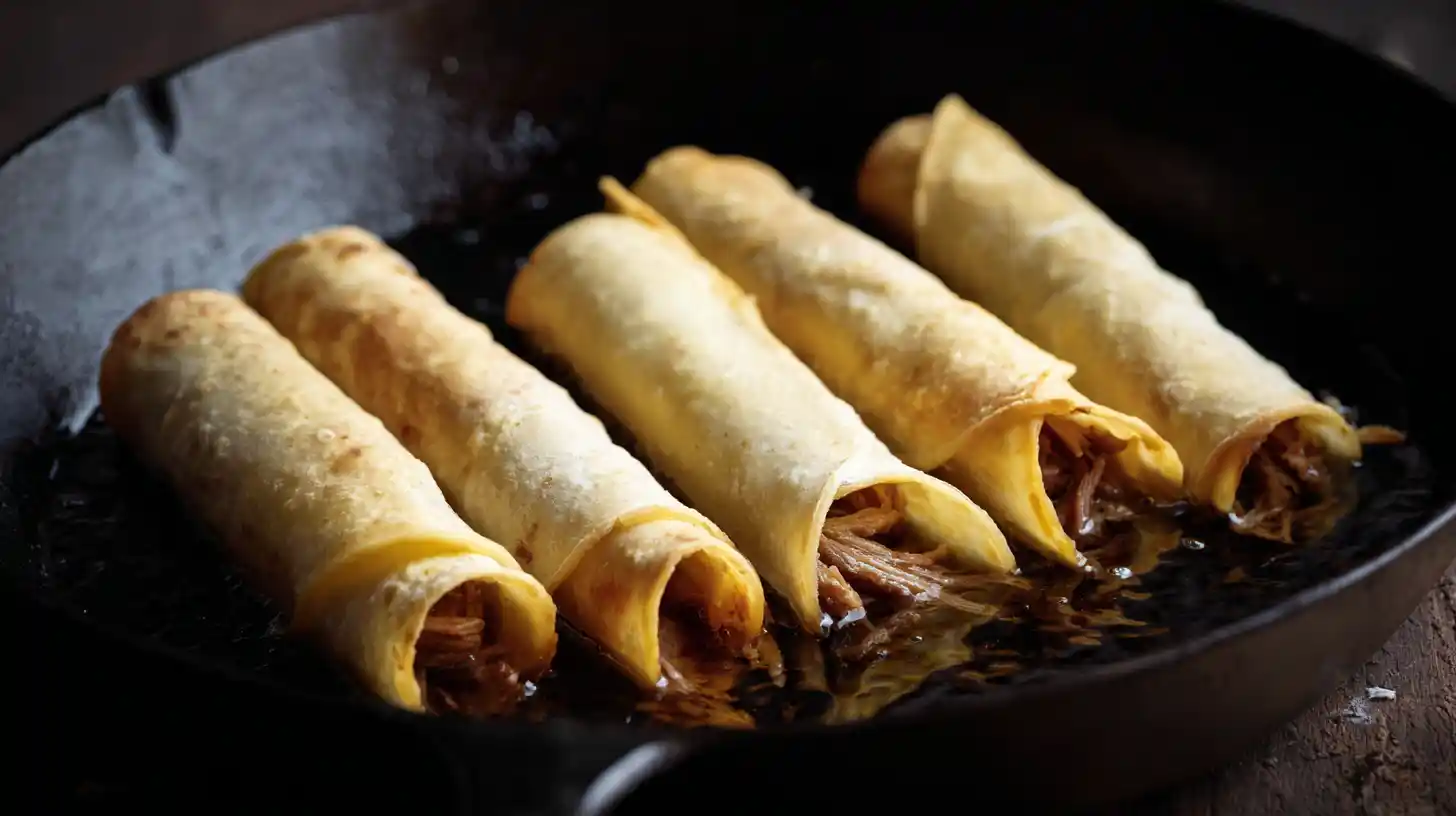 fry-golden-beef-taquitos-step4 Frying beef taquitos in hot oil until golden and crispy – Crispy Beef Taquitos with Melted Cheese, easy high-protein beef dinners