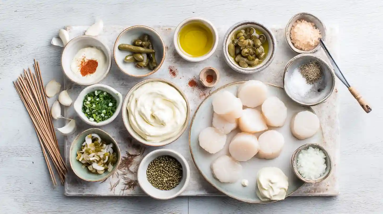 grilled-scallops-with-homemade-Rémoulade-Ingredients-Image Fresh scallops and homemade rémoulade ingredients – quick scallop dinner recipes and healthy seafood meals for families.