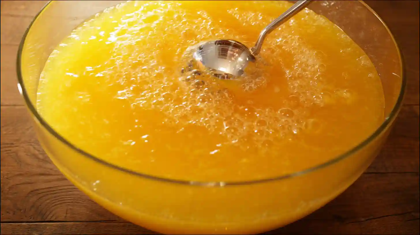 halloween-punch-step1-mix-base Easy Halloween punch recipe – mixing soda, orange juice, and pineapple juice in a punch bowl for kid-friendly Halloween drinks