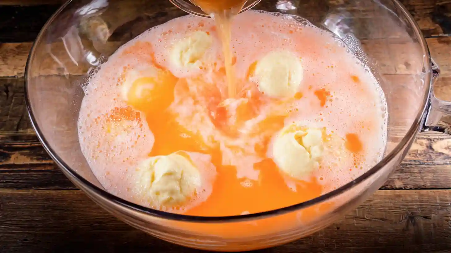 halloween-punch-step2-add-sherbet Kid-friendly Halloween drinks – adding scoops of orange sherbet to fizzy punch for a festive holiday punch recipe