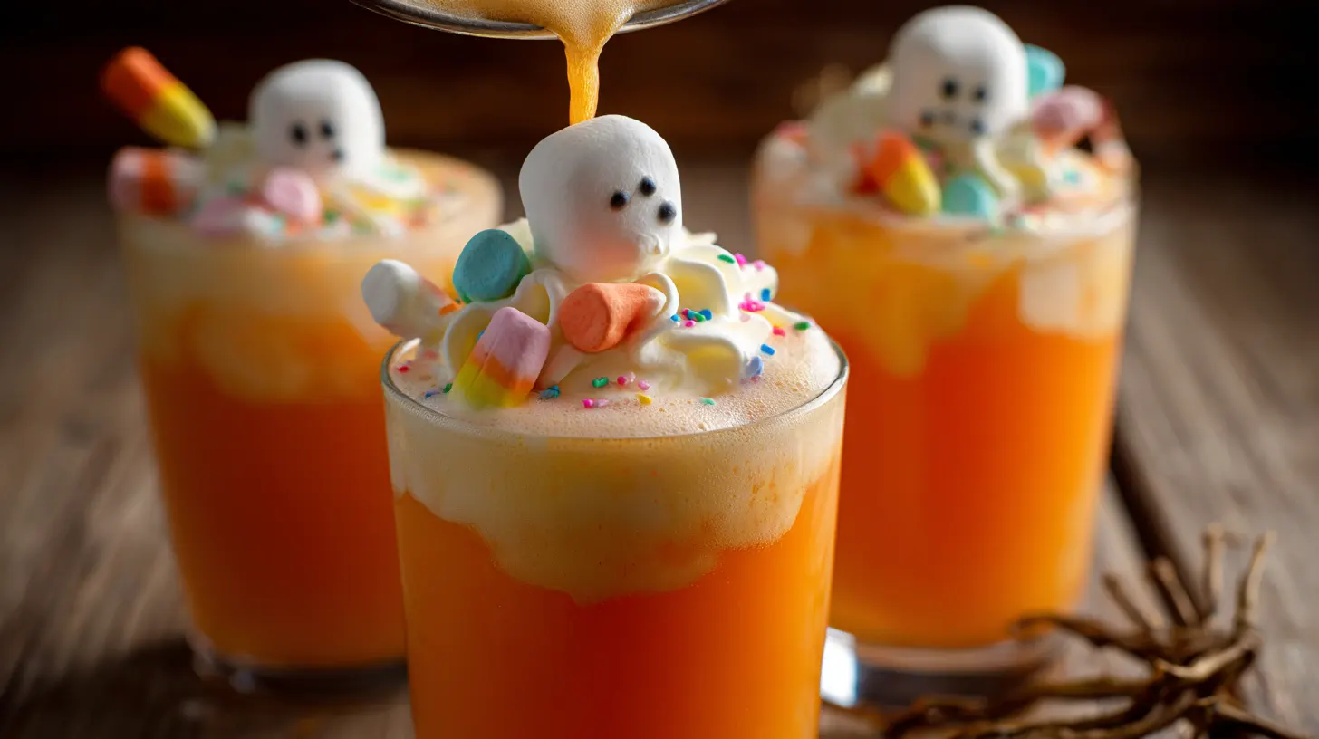 halloween-punch-step3-serve-extras Homemade Halloween treats for kids – serving fizzy orange punch with whipped cream and candy garnish for festive Halloween drink ideas