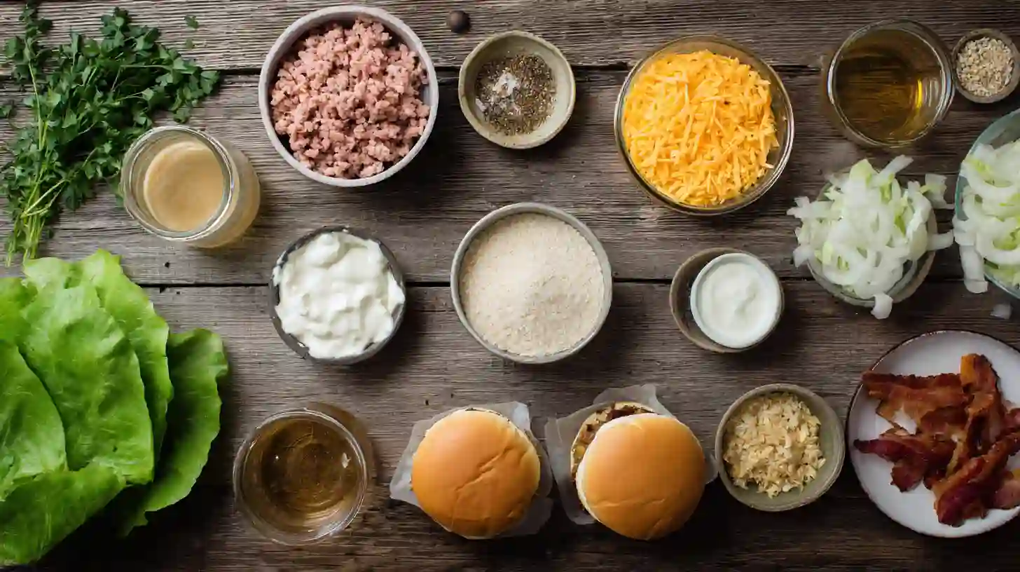 harvest-apple-cider-pork-burger-sliders-Ingredient-Image Harvest Apple Cider Pork Burger Sliders ingredients – ground pork, apple cider, cheddar, lettuce, and slider buns for seasonal fall recipes with pork.