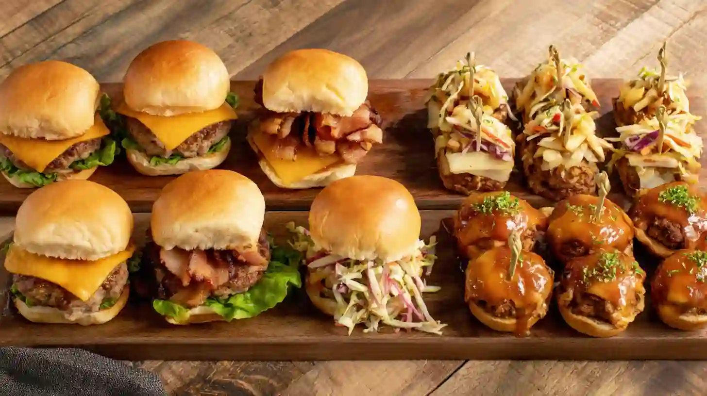harvest-apple-cider-pork-slider-variations Five slider variations of Harvest Apple Cider Pork Burger Sliders – classic cheddar, gourmet brie with bacon, light turkey with apple slaw, mini pork burgers for parties, and apple cider glaze upgrade for gourmet pork burger recipes.