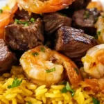 Honey Garlic Steak and Shrimp over Yellow Rice – high-protein steak and shrimp dinner, healthy shrimp and rice recipes
