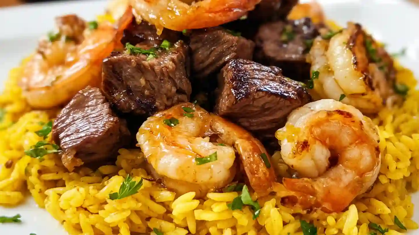 Honey Garlic Steak and Shrimp over Yellow Rice – high-protein steak and shrimp dinner, healthy shrimp and rice recipes