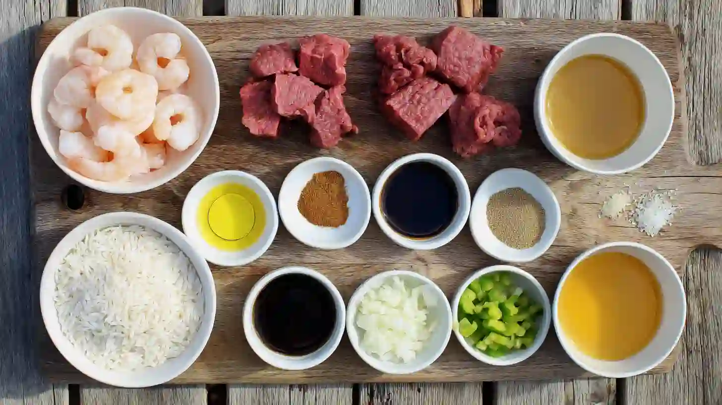 honey-garlic-steak-and-shrimp-over-yellow-rice-Ingredients-Image Ingredients for Honey Garlic Steak and Shrimp over Yellow Rice – best steak cuts for meal prep, healthy shrimp and rice recipes