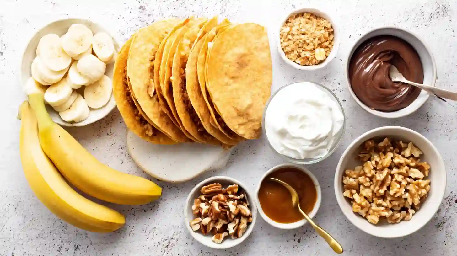 ingredients-Image-caramel-banana-nuts-tacos Ingredients for Caramel Banana Nuts Tacos including taco shells, bananas, whipped cream, caramel, and nuts – easy banana dessert tacos recipe