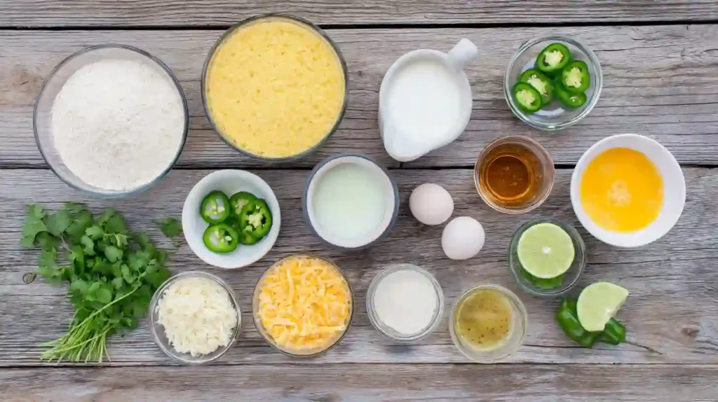 Ingredients for Spicy-Sweet Jalapeño Cornbread with Zesty Lime Drizzle topping, easy savory baking recipes and healthy cornbread recipe with buttermilk
